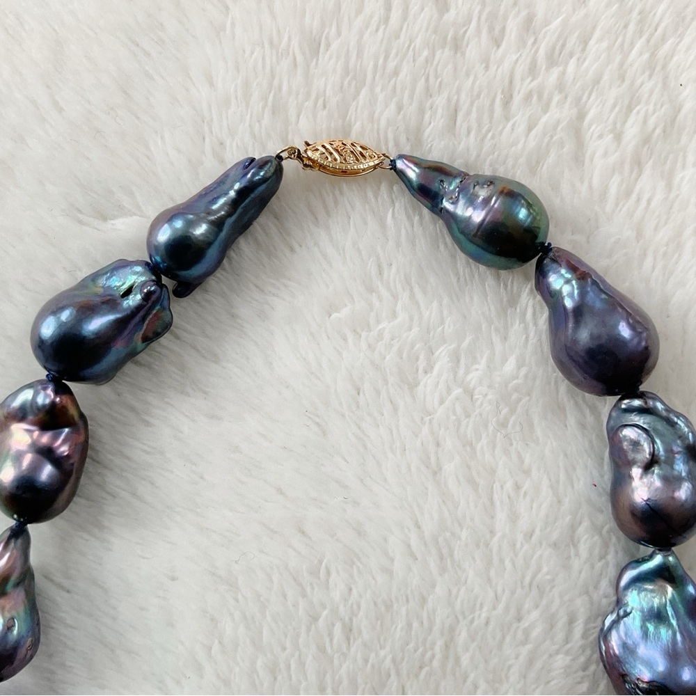 14K Gold Clasp Peacock Baroque Freshwater Pearl Necklace 18” 85g Statement - Picture 8 of 16
